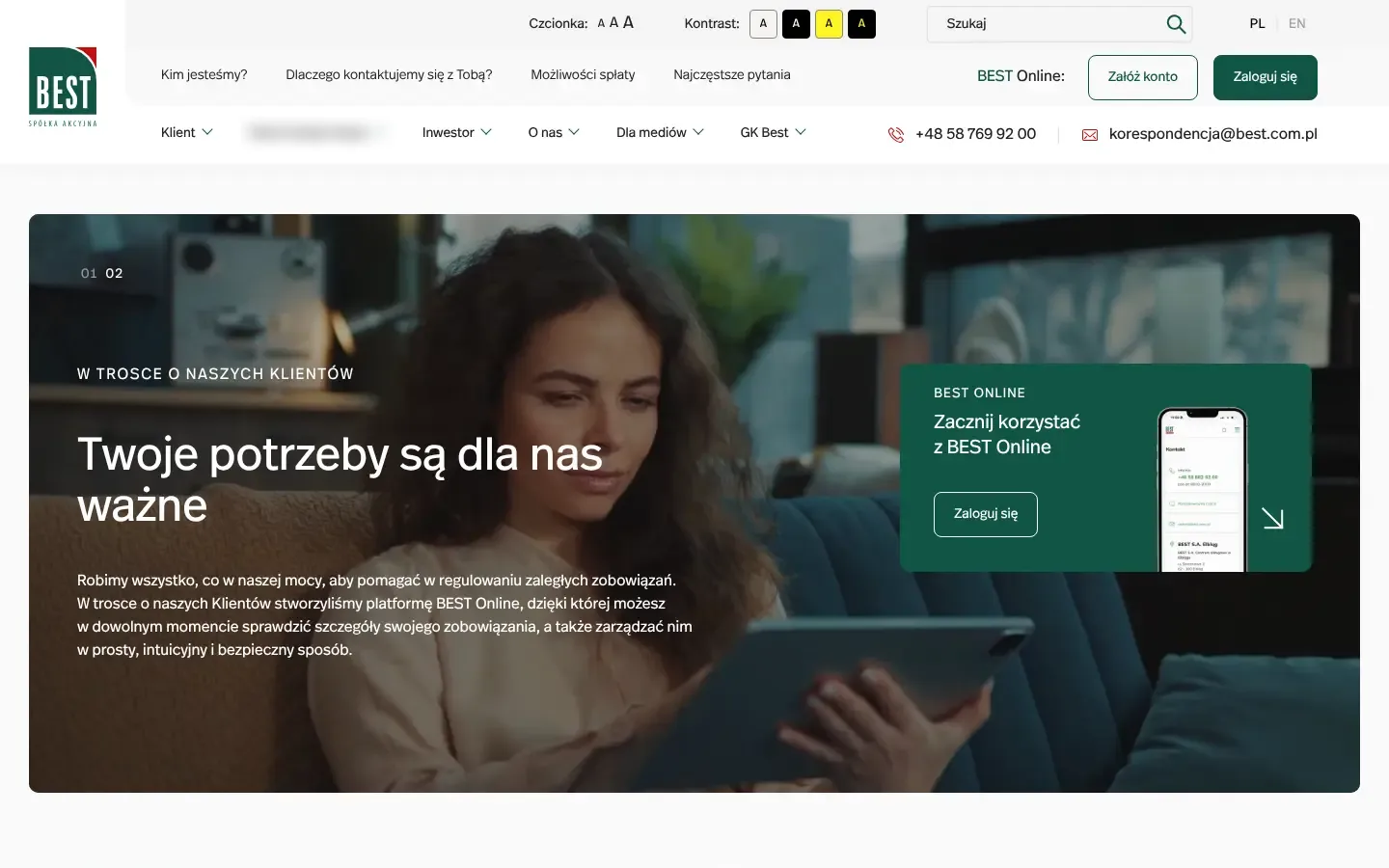 Strona główna best.com.pl: pasek z wielkością czcionki i kontrastem, przełącznik PL i EN, logowanie do BEST Online, menu i baner „Twoje potrzeby są dla nas ważne”.