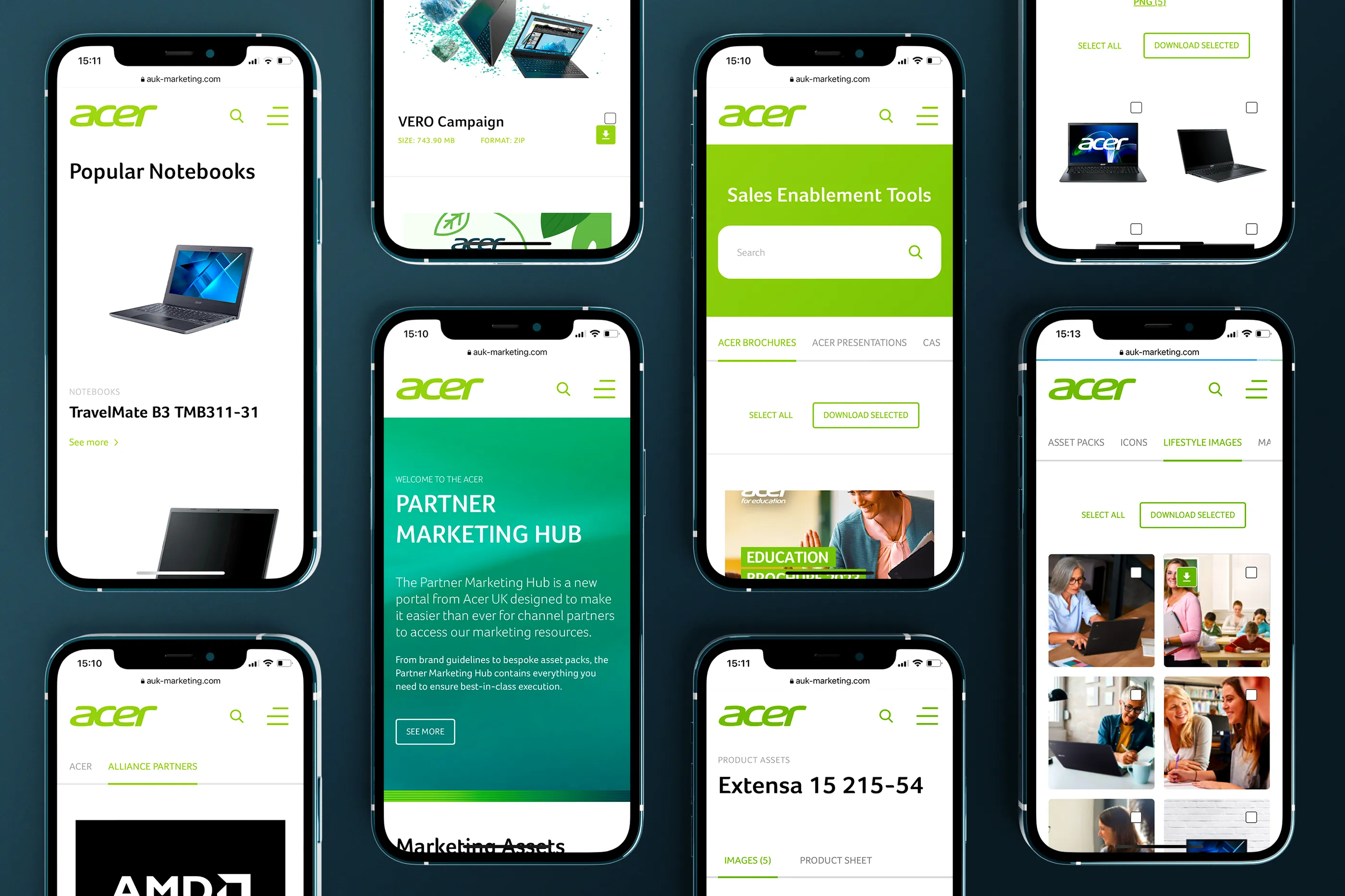 Partner Marketing Hub Acer UK na ośmiu ekranach telefonów: strona główna, produkty, materiały sprzedażowe i zdjęcia lifestyle