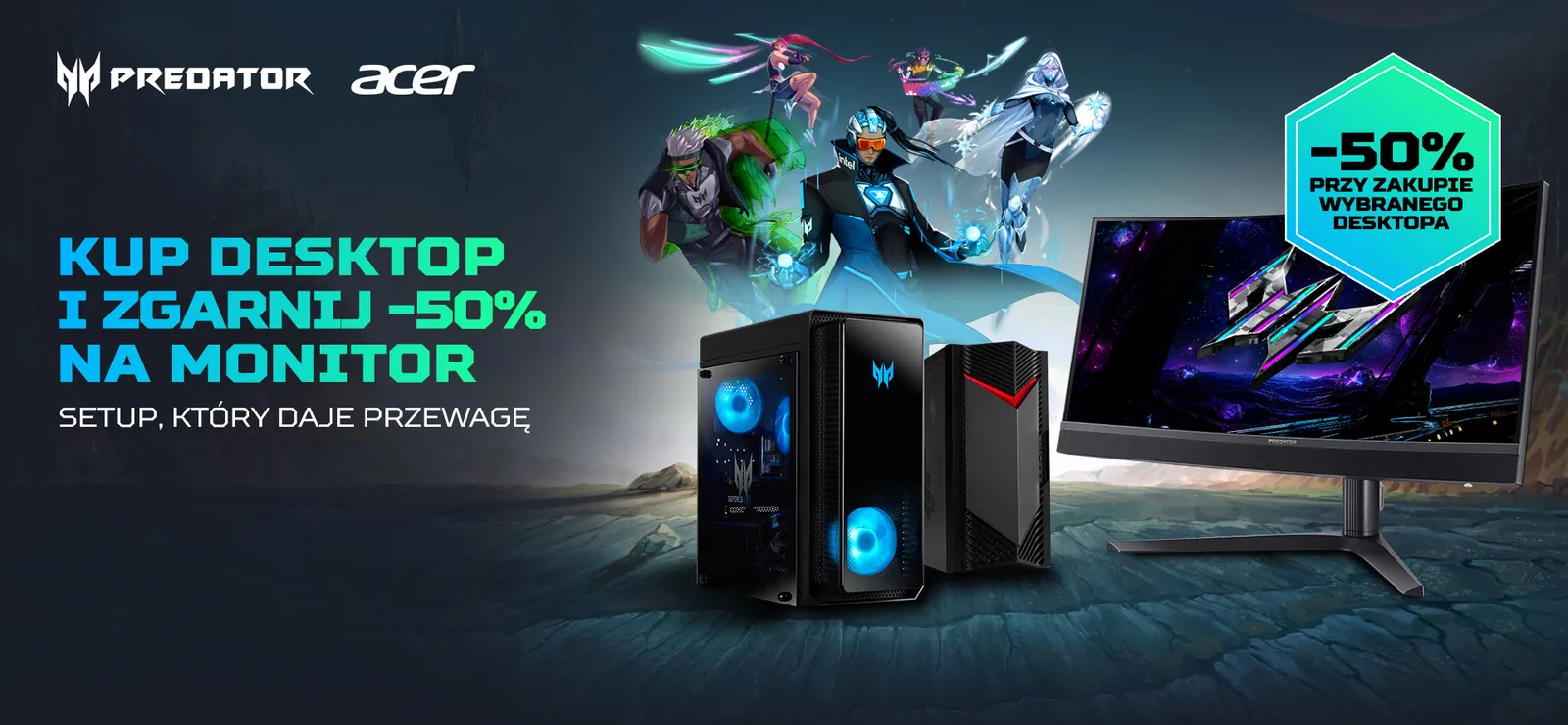 Góra landing page Predator dla x-kom: „Kup desktop i zgarnij −50% na monitor”