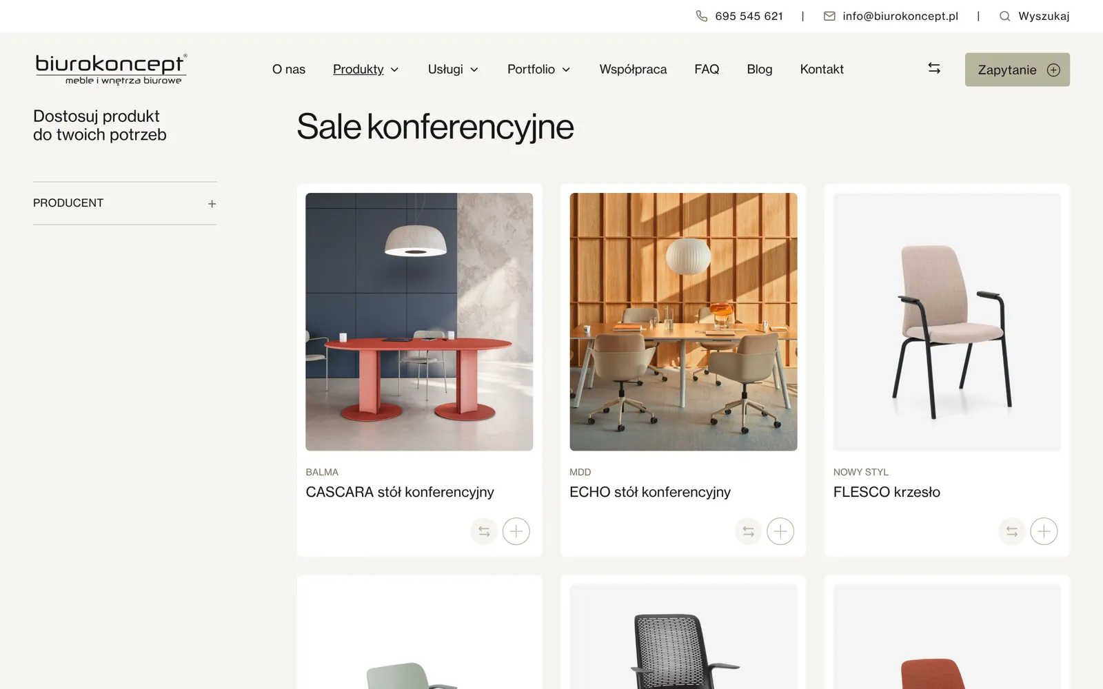 Strona przestrzeni Sale konferencyjne z siatką produktów