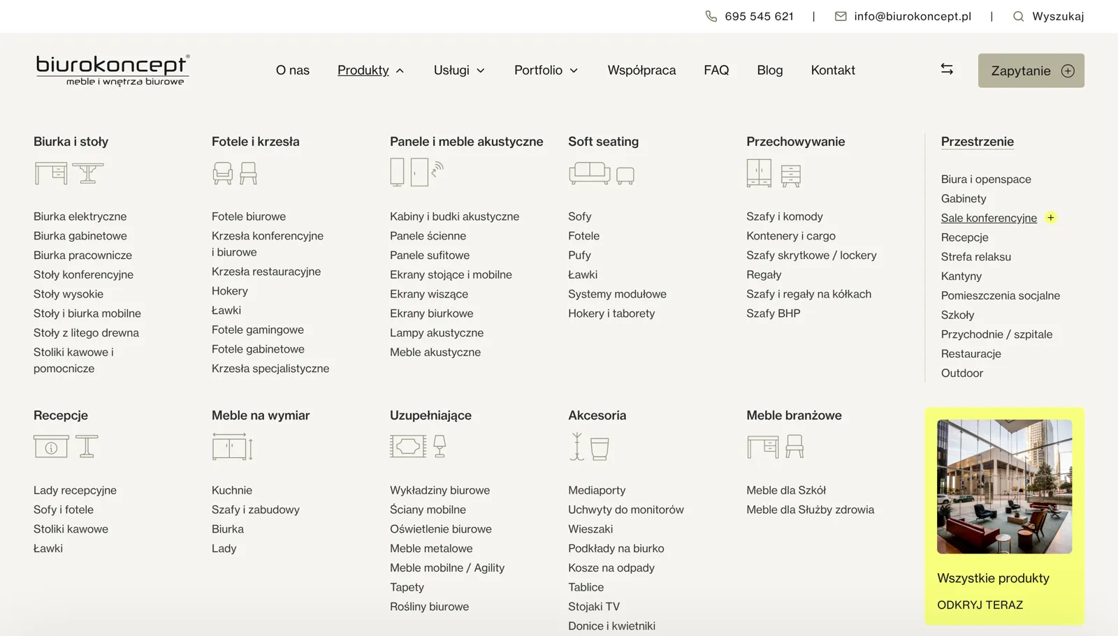 Rozwinięte menu produktów na biurokoncept.pl: dziesięć grup z ikonami i kolumna przestrzeni