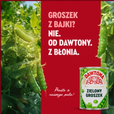 Post: „Groszek z bajki? Nie. Od Dawtony. Z Błonia.” z puszką groszku.