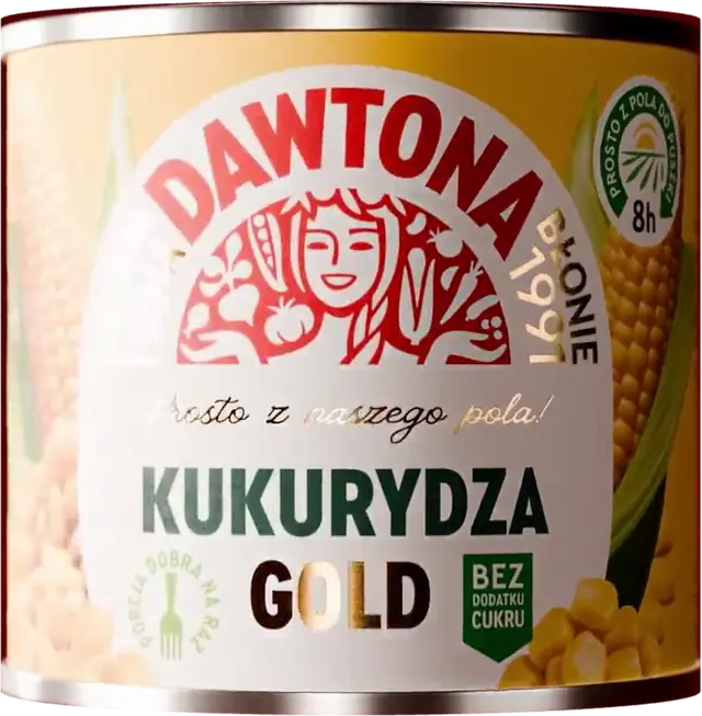 Puszka kukurydzy Gold Dawtona obraca się od tyłu, z kodem kreskowym, do przodu z logo Dawtony.
