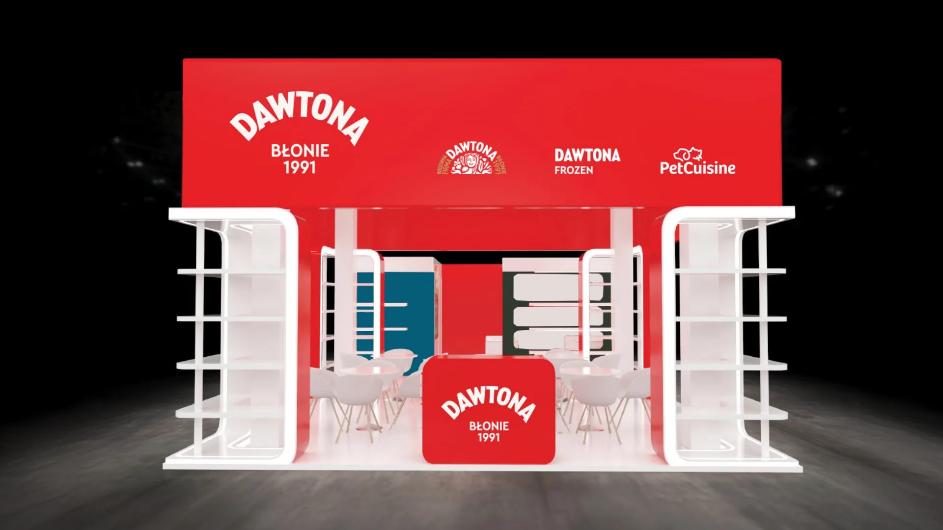 Stoisko targowe Grupy Dawtona od frontu: czerwony szyld z logo Dawtony, Dawtony Frozen i PetCuisine, białe regały z produktami i czerwona lada.