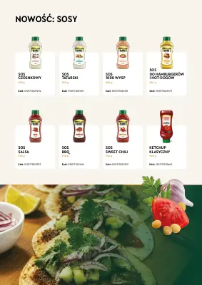Strona ulotki HoReCa „Nowość: sosy”.