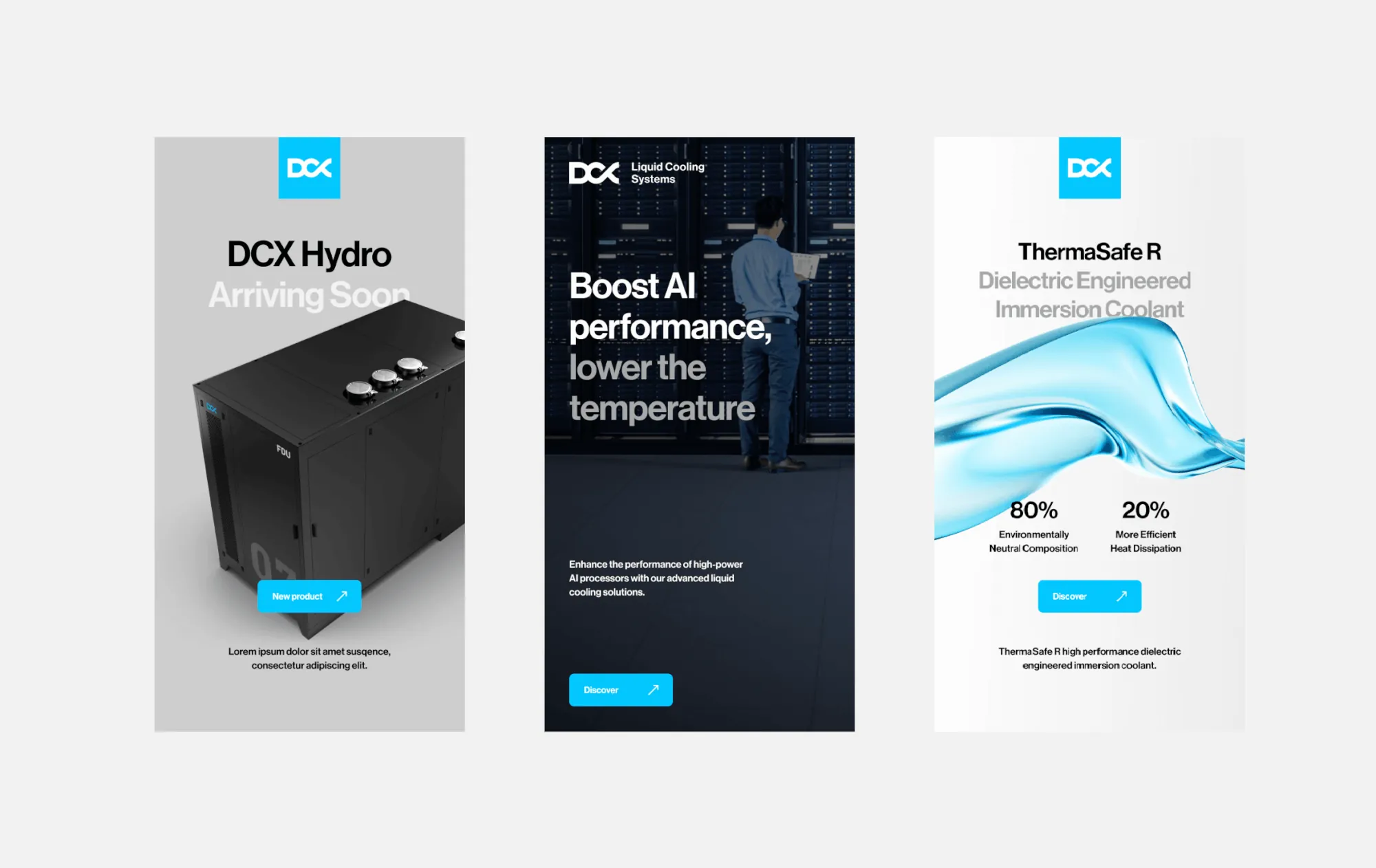 Trzy pionowe grafiki DCX do social mediów: DCX Hydro, Boost AI performance i ThermaSafe R.