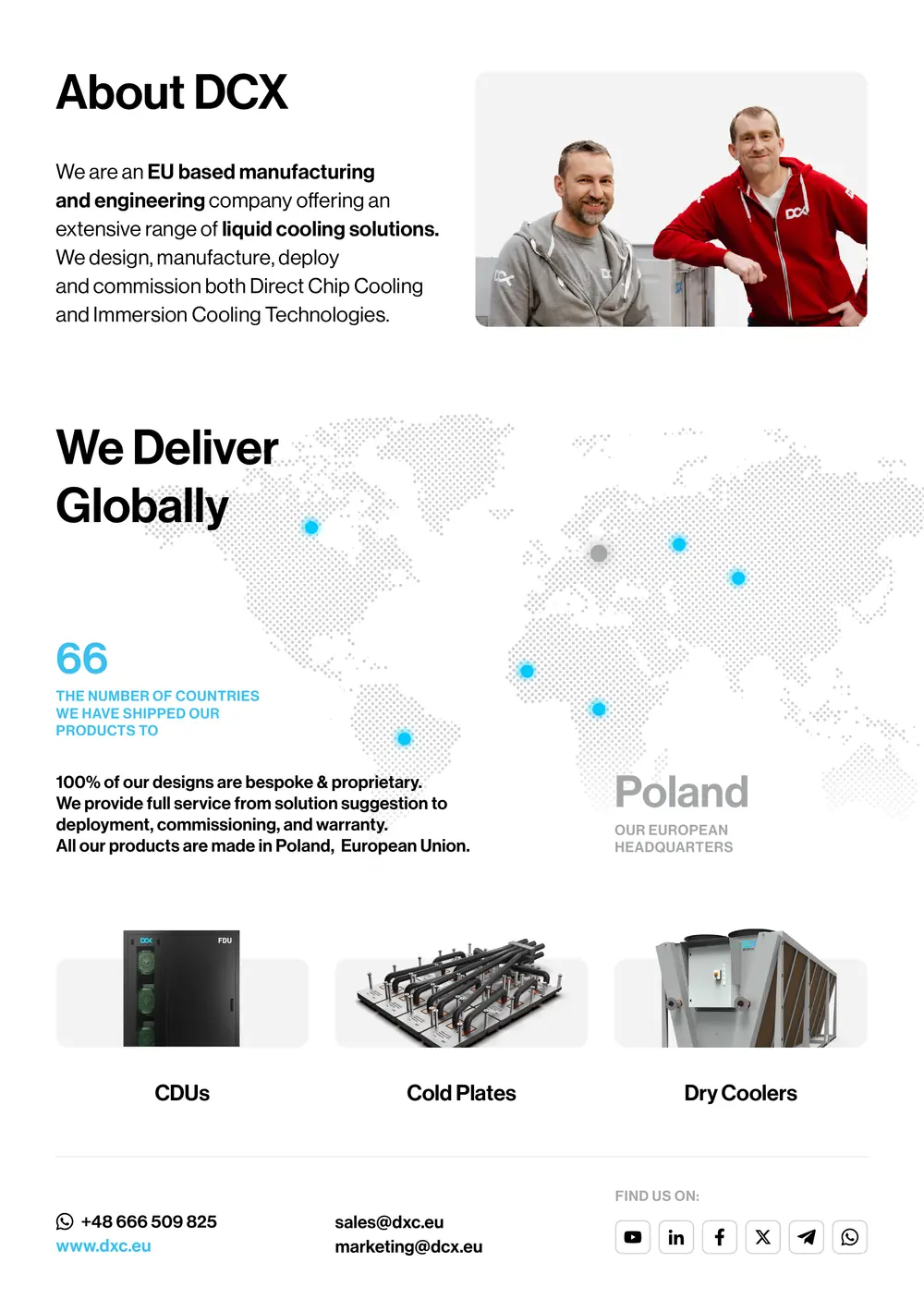 Ulotka About DCX: opis firmy, mapa „We Deliver Globally” z 66 krajami, produkty CDUs, Cold Plates i Dry Coolers oraz kontakt.
