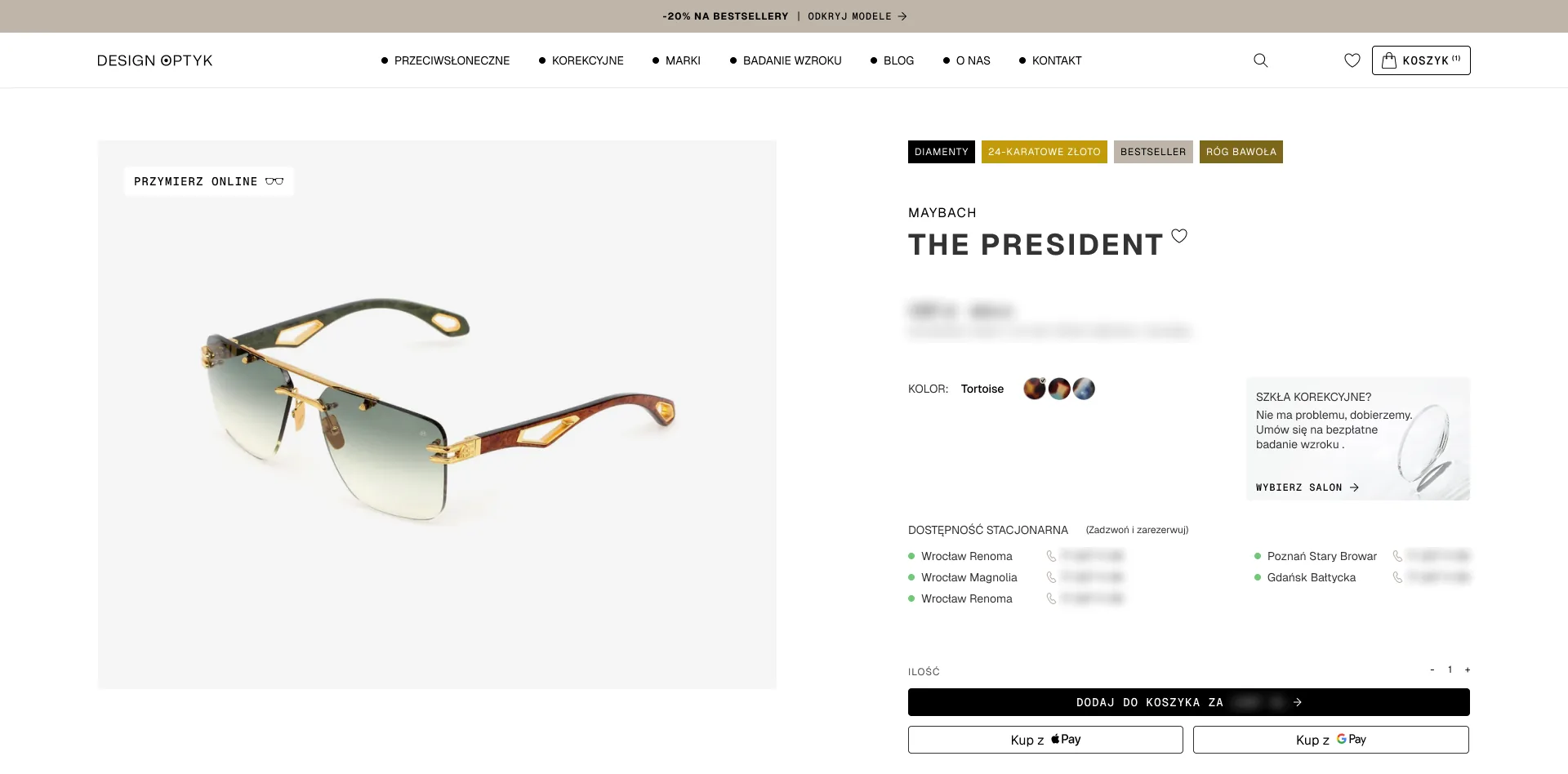 Projekt karty produktu: okulary przeciwsłoneczne Maybach The President z koszykiem, boxem „Szkła korekcyjne?” i listą salonów.