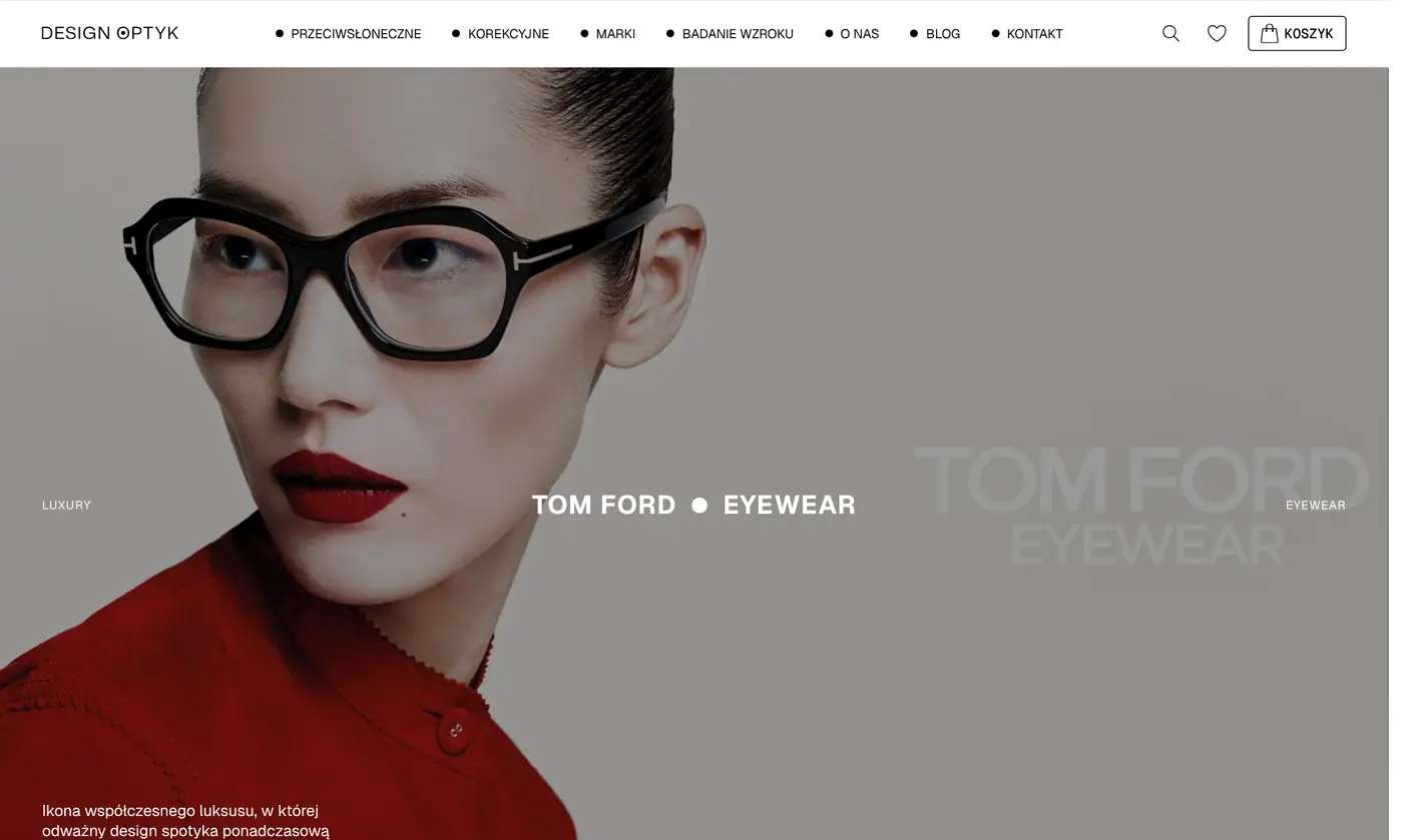 Strefa marki Tom Ford na designoptyk.com: duże zdjęcie z sesji i nazwa TOM FORD • EYEWEAR.