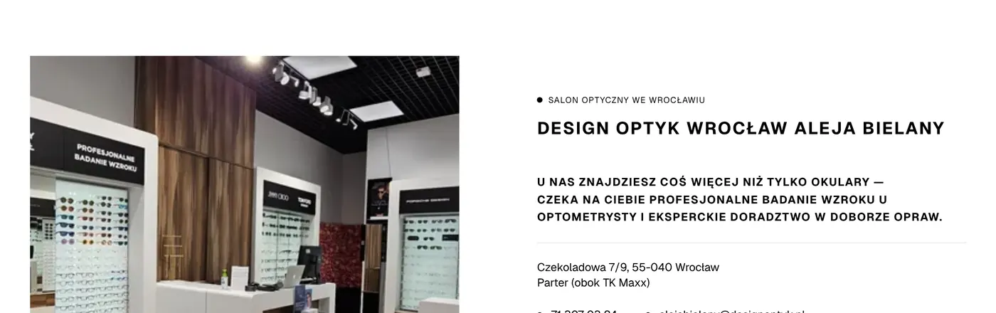 Podstrona salonu Design Optyk Wrocław Aleja Bielany: zdjęcie salonu, adres, godziny i przyciski „Umów badanie” i „Dojazd”.
