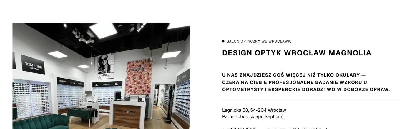 Podstrona salonu Design Optyk Wrocław Magnolia Park: zdjęcie salonu, adres, godziny i przyciski „Umów badanie” i „Dojazd”.
