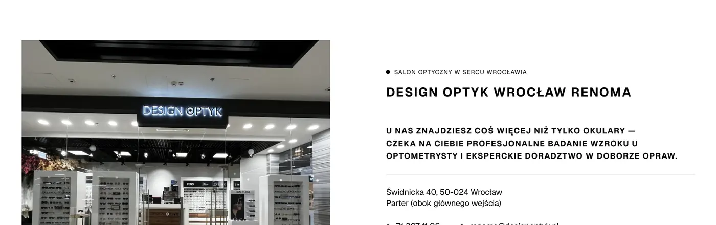 Podstrona salonu Design Optyk Wrocław Renoma: zdjęcie salonu, adres, godziny i przyciski „Umów badanie” i „Dojazd”.
