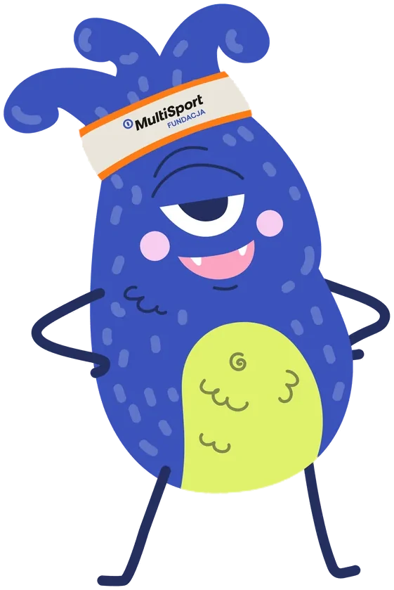 Niebieska postać brand hero w opasce fundacji, z rękami na biodrach.