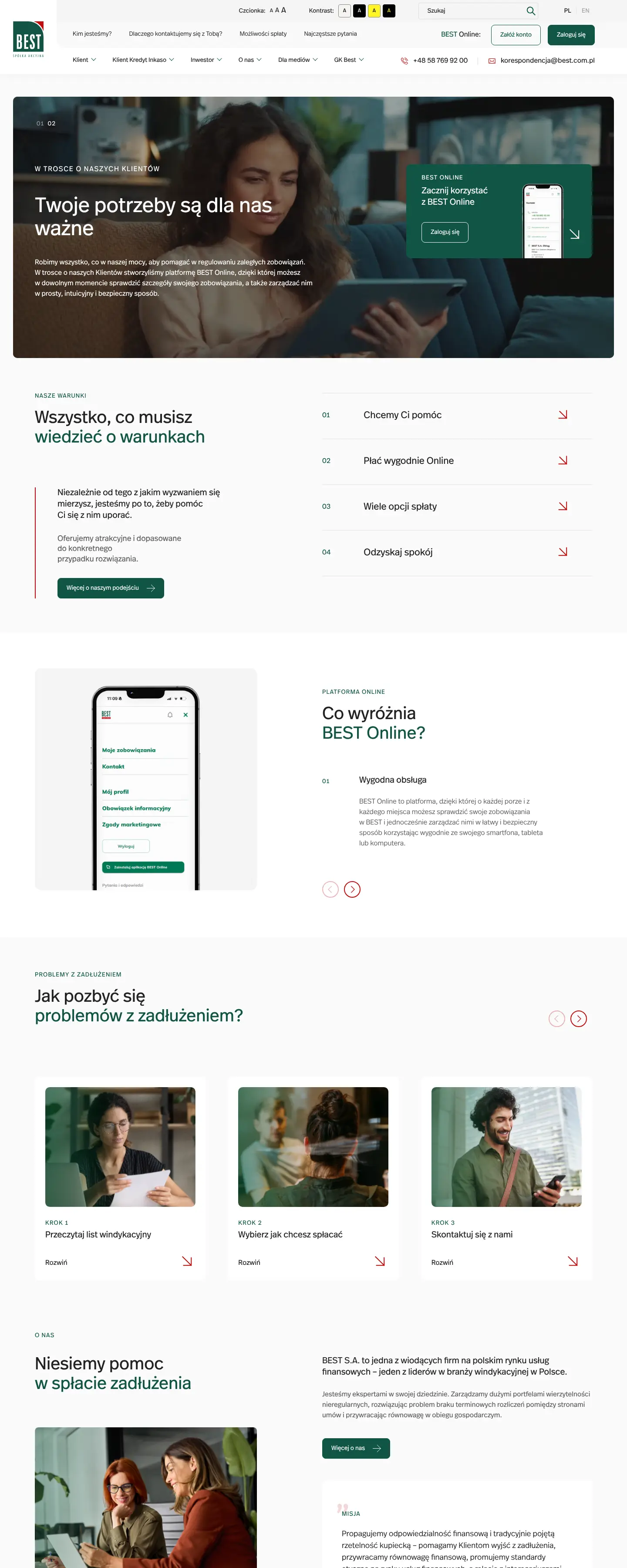 Strona główna best.com.pl: pasek dostępności, dwa poziomy menu, hero „Twoje potrzeby są dla nas ważne” z aplą BEST Online, warunki spłaty, sekcja BEST Online i kroki dla dłużnika.
