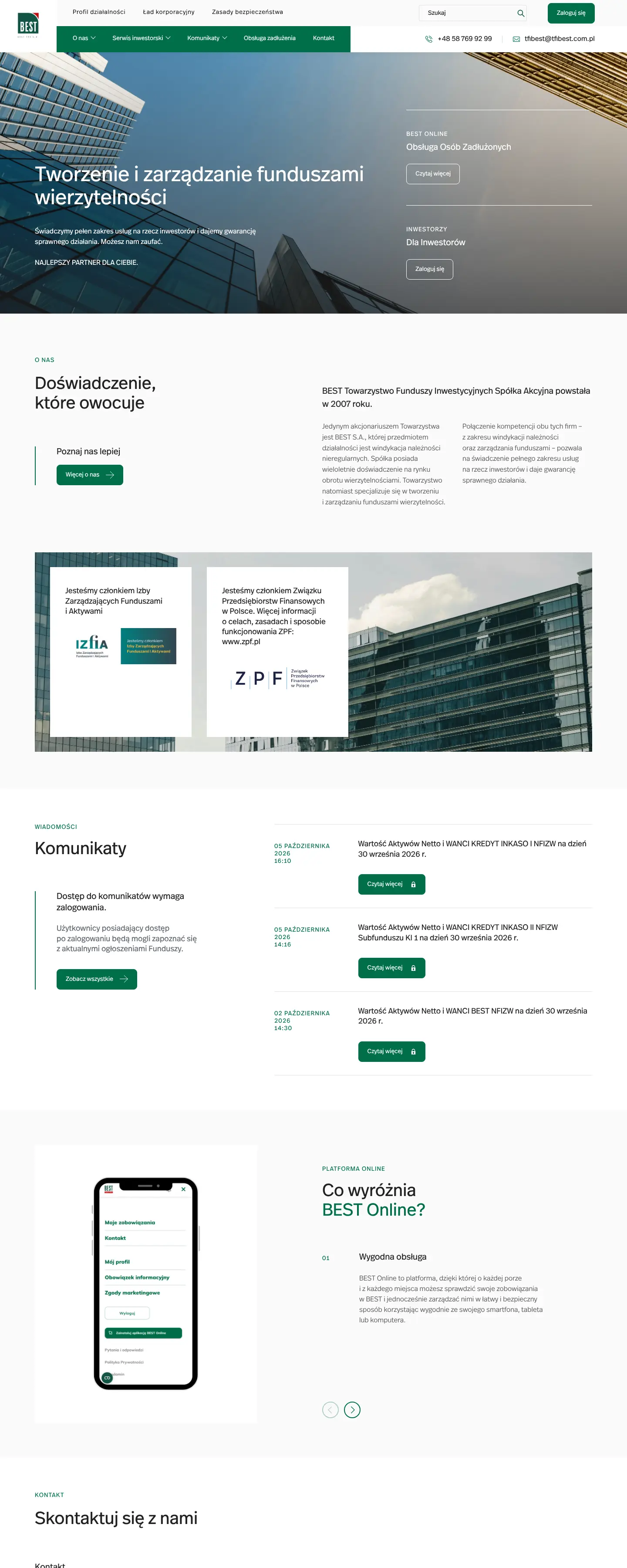 Strona główna tfi.best.com.pl: zielony pasek menu, zdjęcie biurowców z nagłówkiem „Tworzenie i zarządzanie funduszami wierzytelności”, sekcja o spółce i komunikaty.