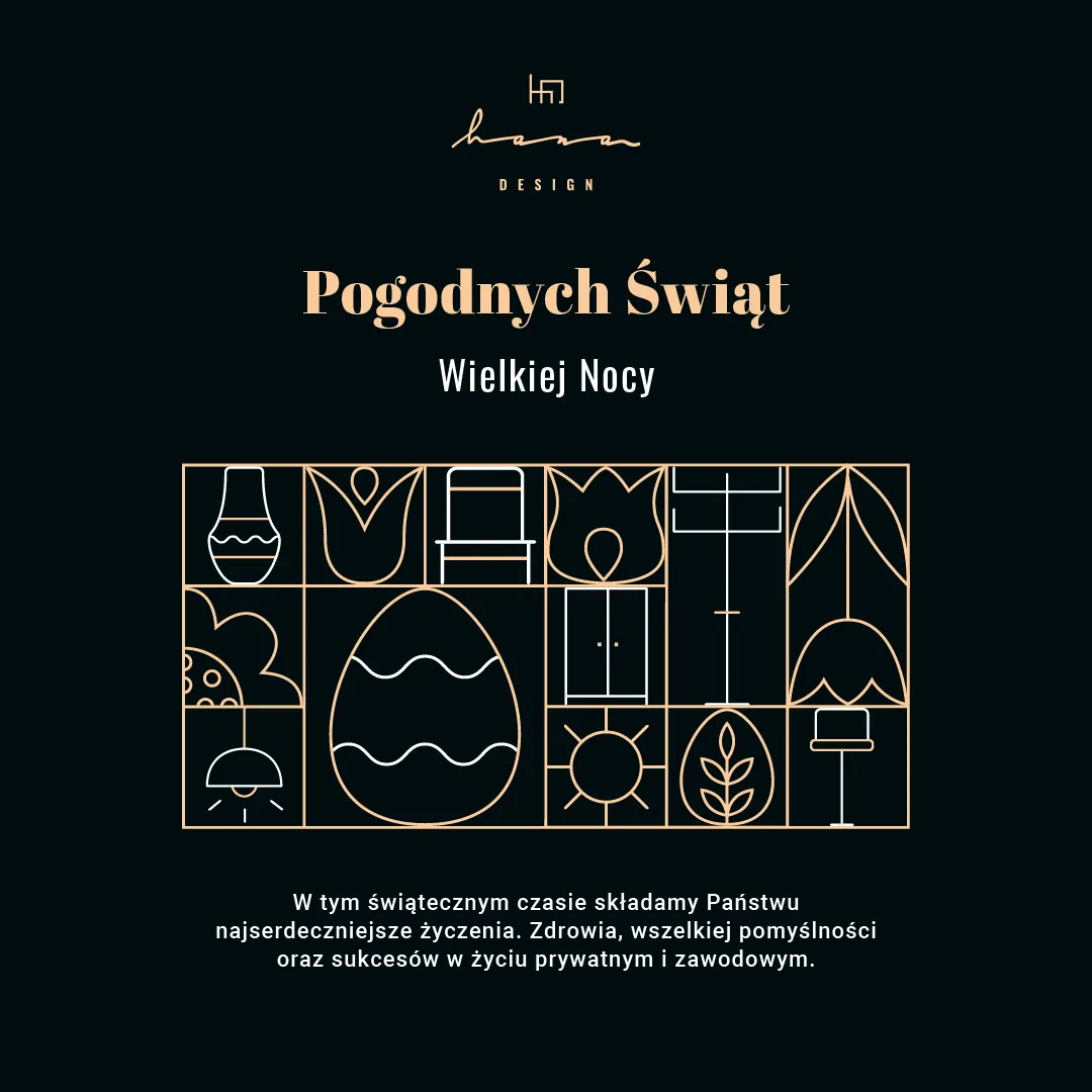 Kartka wielkanocna Hana Design: złote linearne ilustracje pisanek i mebli na czarnym tle.