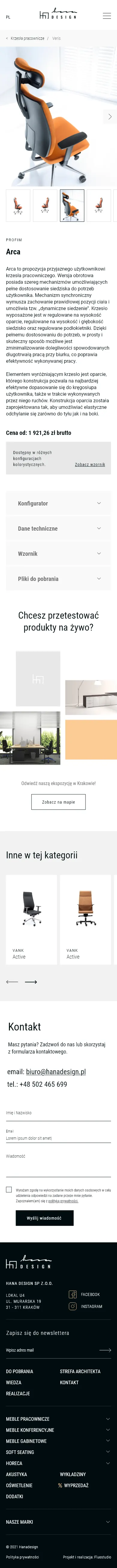 Projekt karty produktu na telefonie: zdjęcie krzesła, wybrane cechy konfiguracji, dane techniczne i pliki do pobrania.