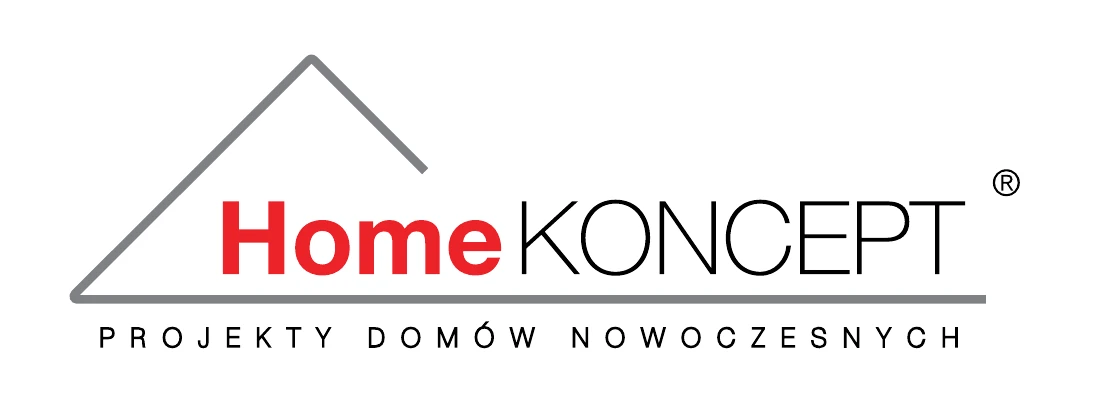 Dawne logo HomeKoncept: zarys dachu, czerwone słowo Home, czarne KONCEPT i dopisek Projekty domów nowoczesnych.