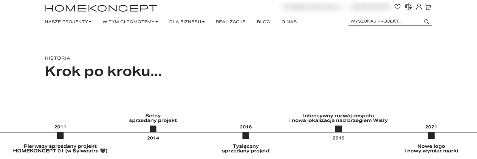 Strona O nas na homekoncept.com.pl z historią firmy i wpisem „Nowe logo i nowy wymiar marki”.