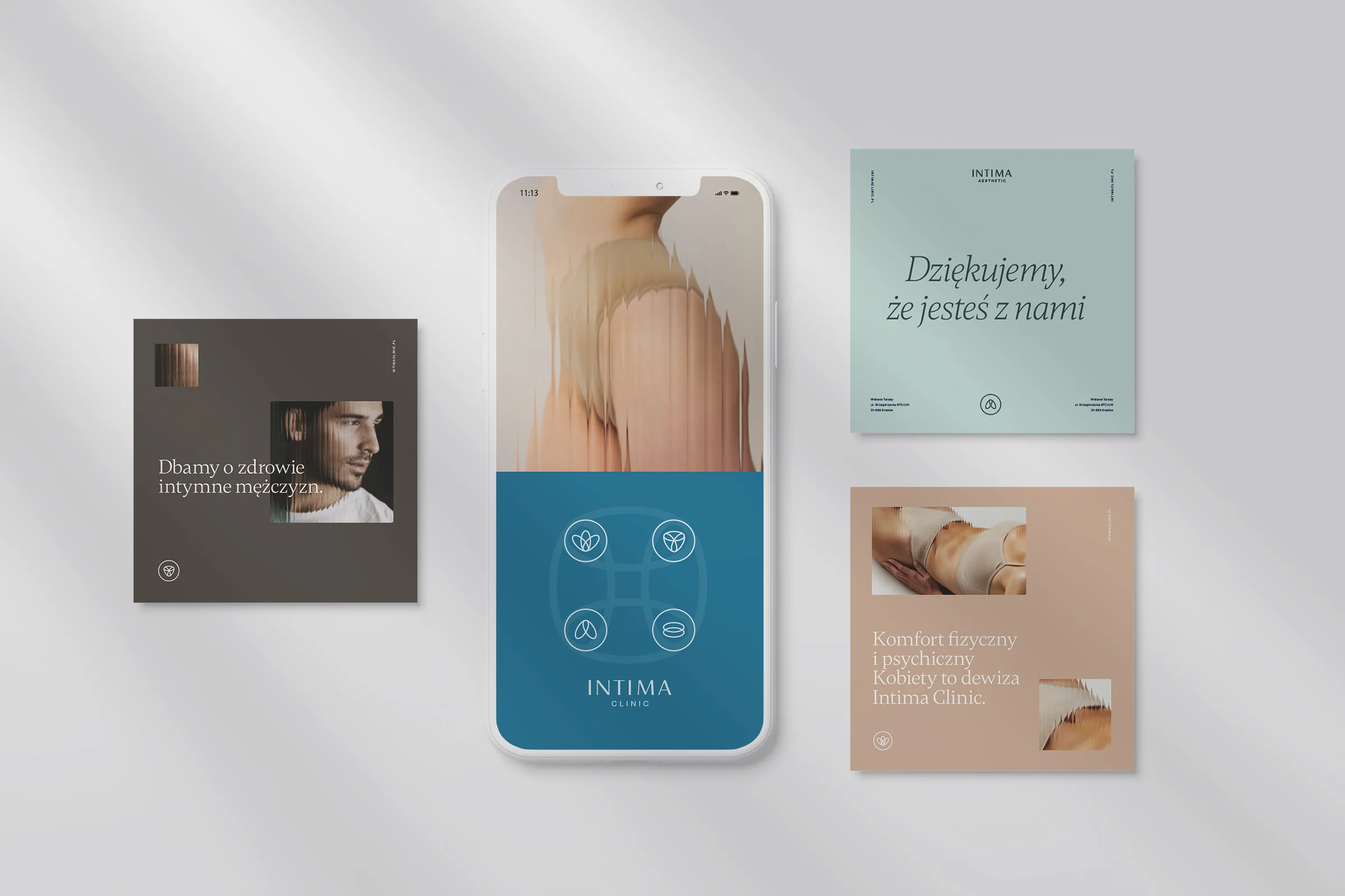 Post Intima Clinic na telefonie, obok posty Intima Men, Intima Aesthetic i Intima Fem