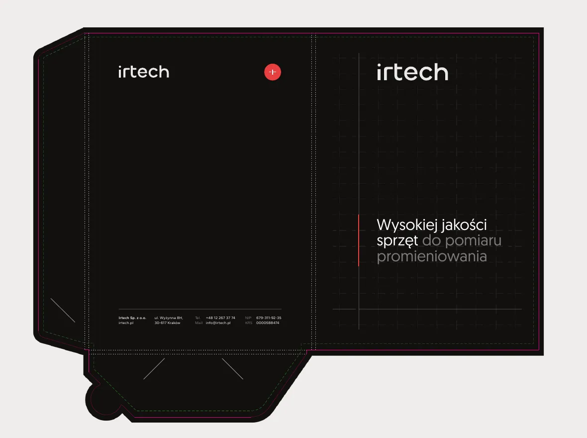 Nowa czarna teczka irtech z czerwonym plusem i hasłem marki.
