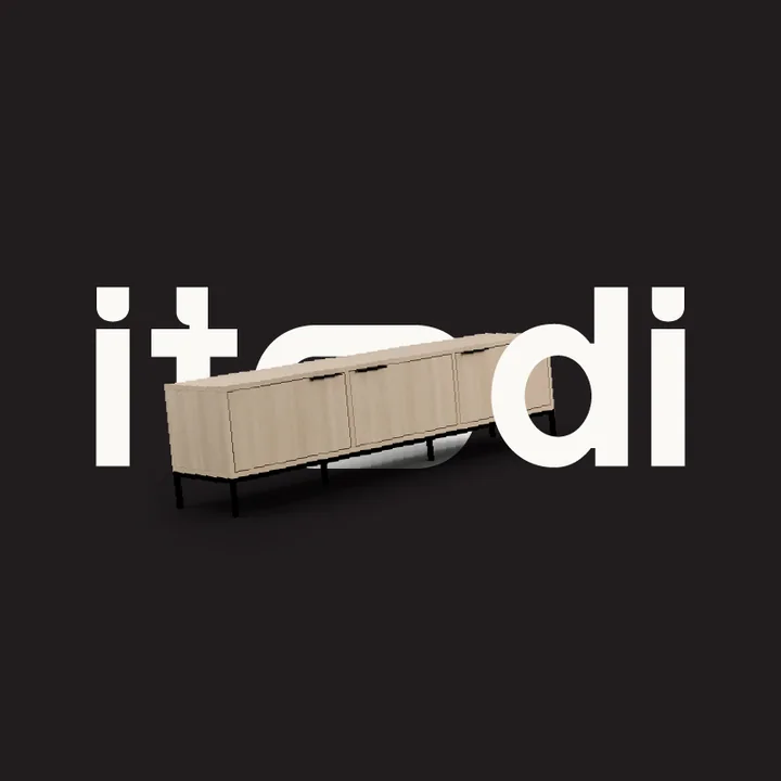 Post itodi: białe logo na czarnym tle, między literami jasna drewniana komoda.