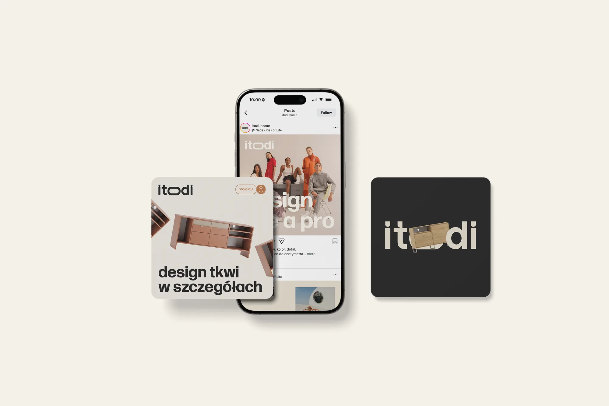Telefon z profilem itodi na Instagramie, obok dwa posty: „design tkwi w szczegółach” i czarny kwadrat z logo.