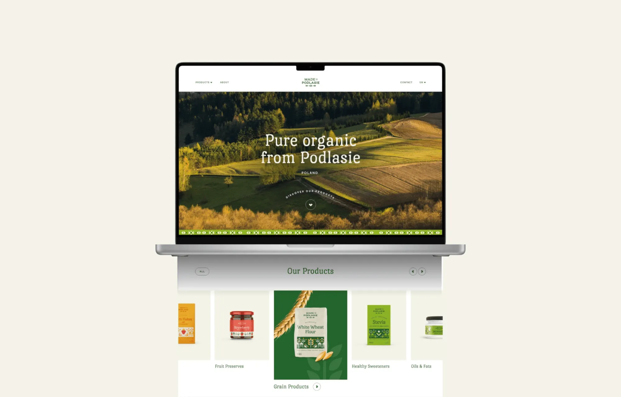 Strona główna sklepu Made in Podlasie na laptopie, z hasłem „Pure organic from Podlasie”.