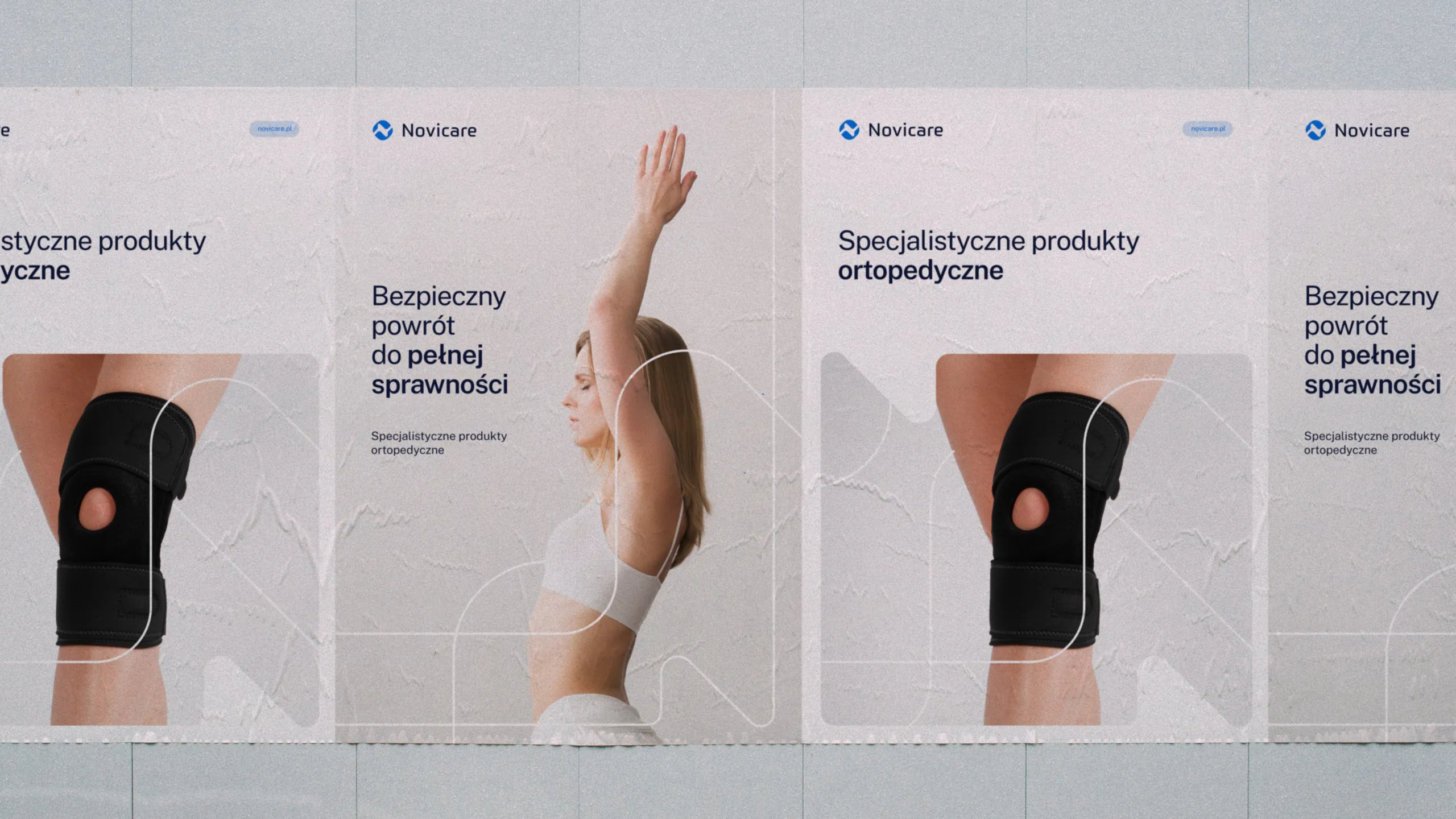 Plakaty Novicare na ścianie: orteza kolana i kobieta z uniesioną ręką