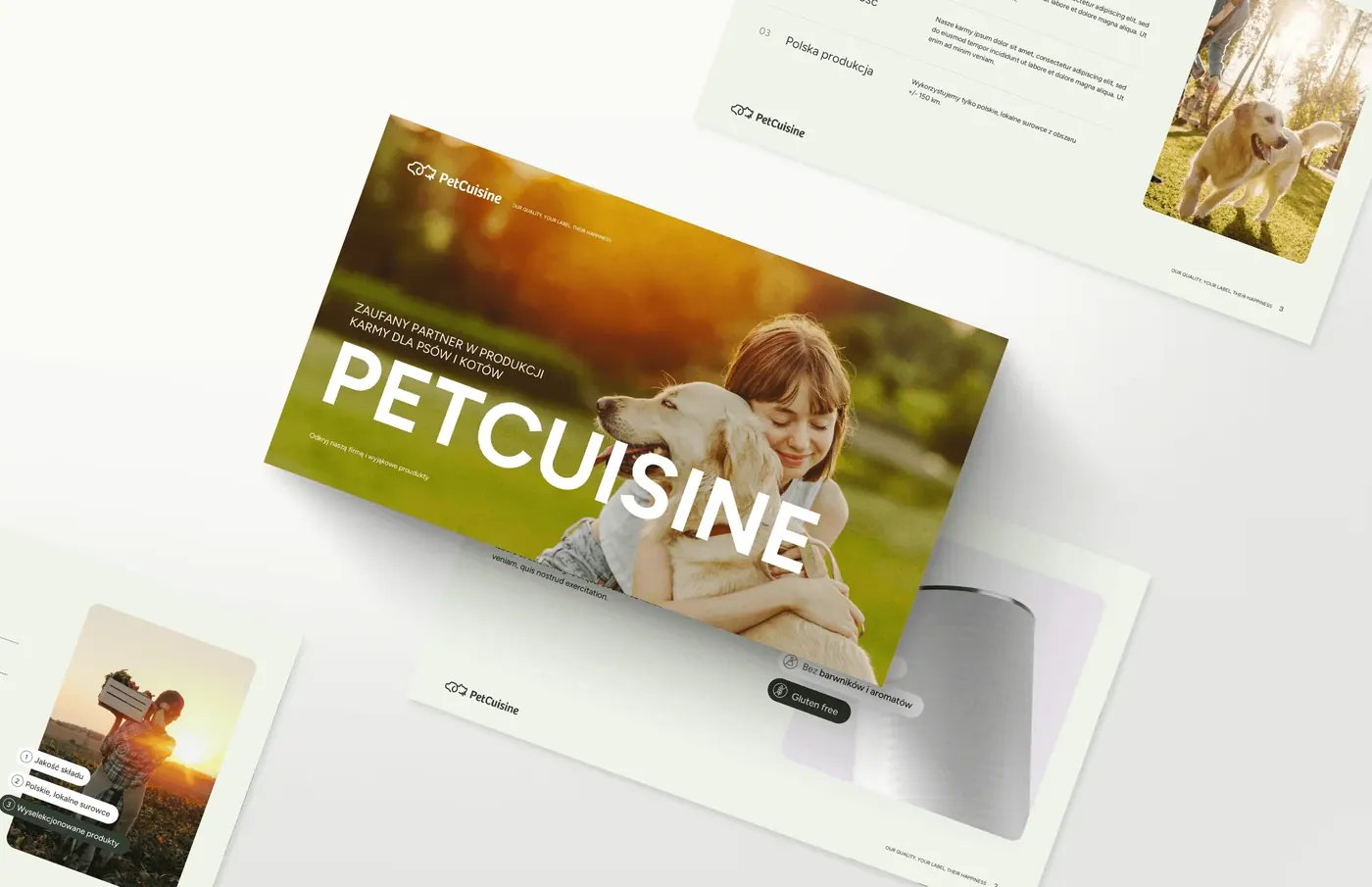 Slajdy prezentacji firmowej PetCuisine z hasłem marki i zdjęciami psów