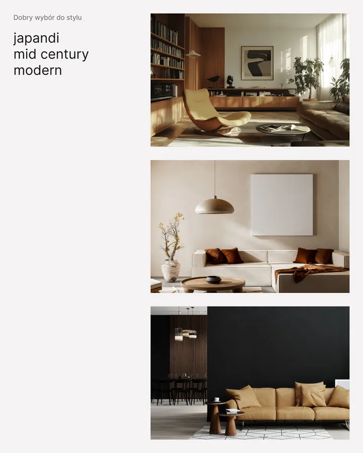 Post z trzema wnętrzami w stylu japandi i mid century modern