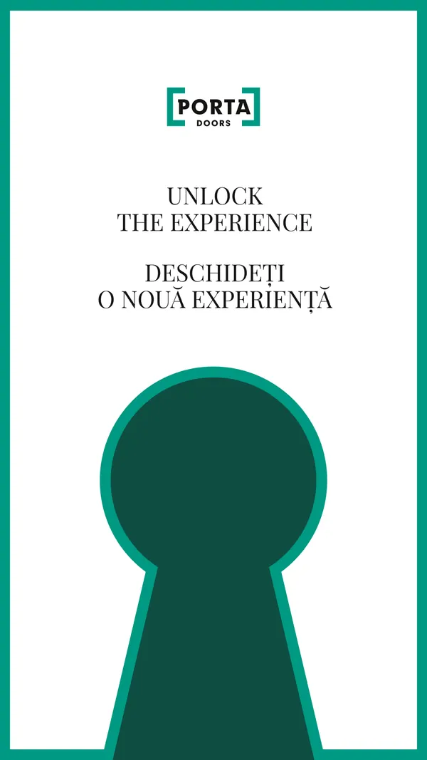 Pionowy ekran z hasłem „Unlock the experience” po angielsku i po rumuńsku i dziurką od klucza