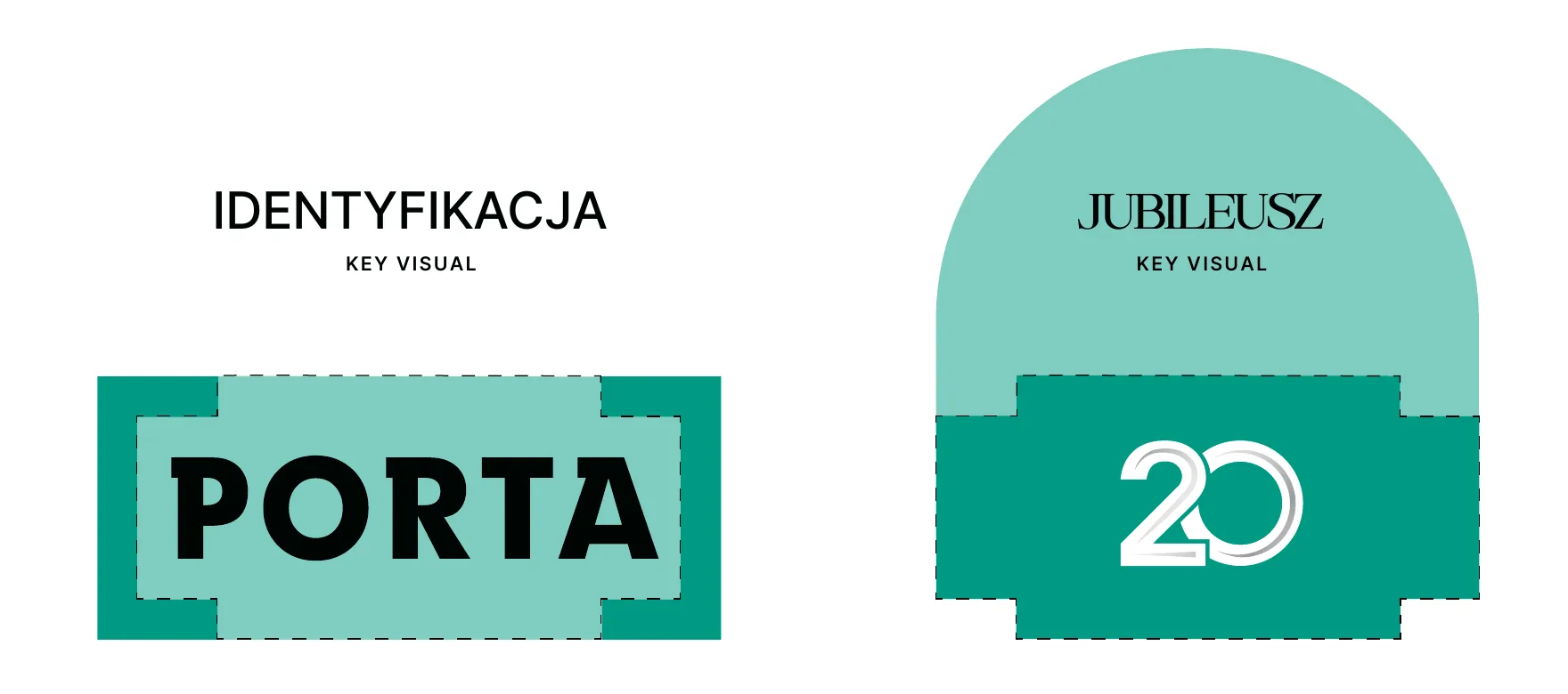 Ramka jubileuszu: miętowy łuk i zielona ramka w stylu art deco wokół znaku 20