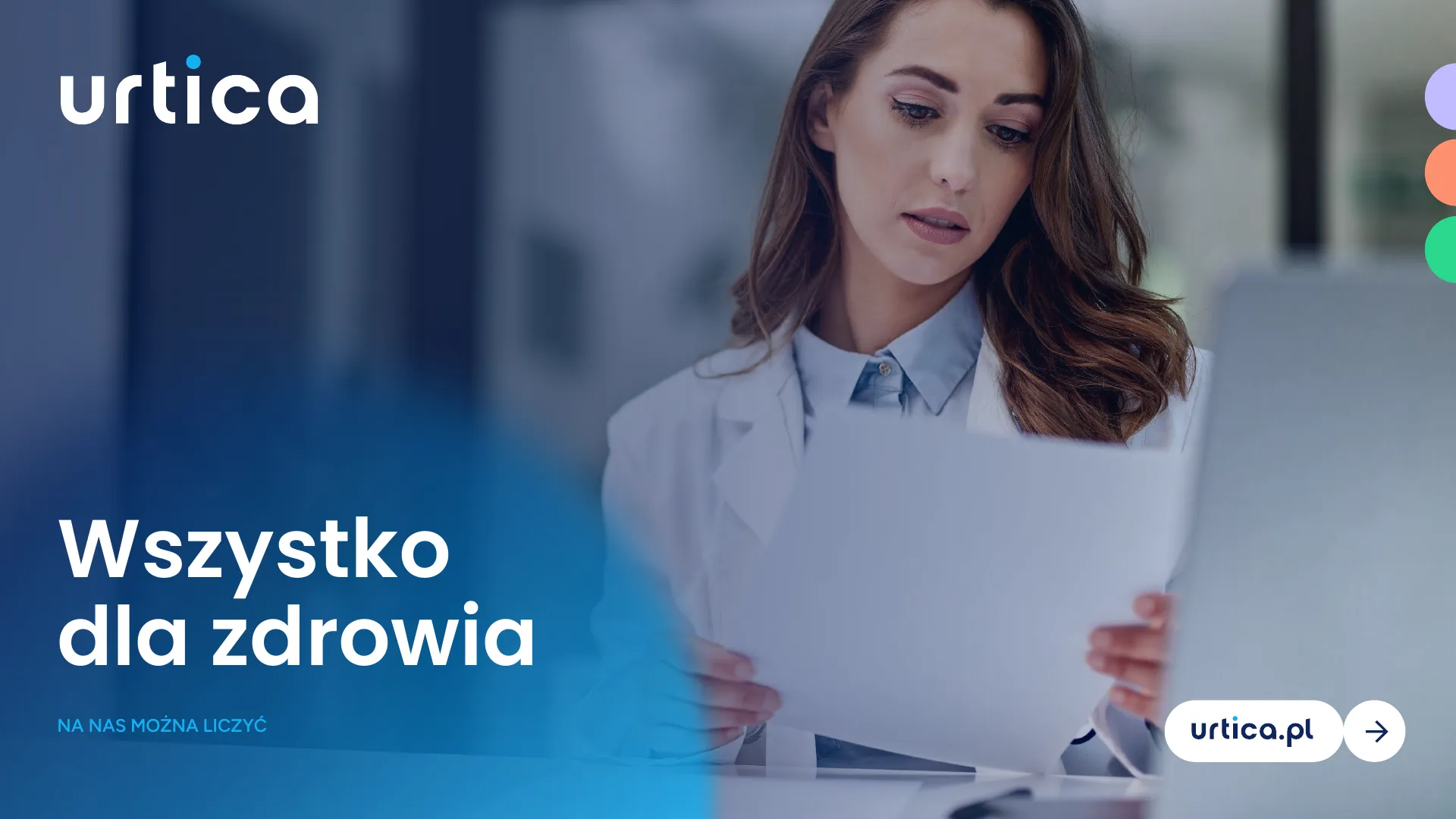 Nowy szablon Urtiki: okładka z hasłem „Wszystko dla zdrowia” na zdjęciu farmaceutki z aplą granatu, z przyciskiem urtica.pl.