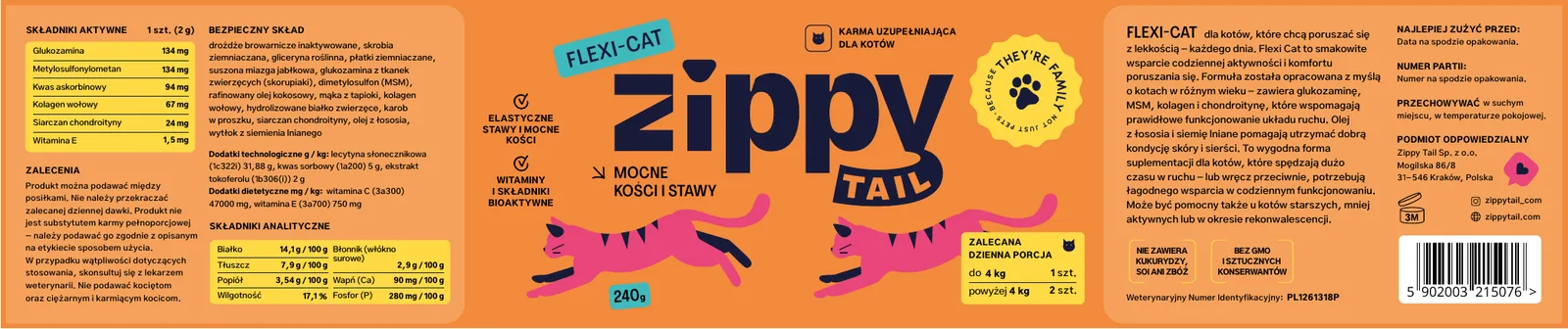 Rozłożona etykieta Flexi-Cat: skład z lewej, front z logo i ilustracją w środku, opis i dawkowanie z prawej