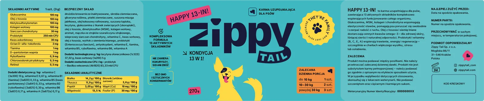 Rozłożona etykieta Happy 13-in!: skład z lewej, front z logo i ilustracją w środku, opis i dawkowanie z prawej