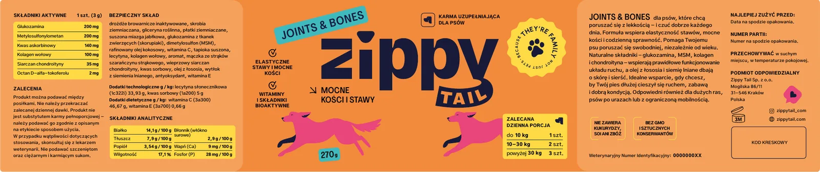 Rozłożona etykieta Joints & Bones: skład z lewej, front z logo i ilustracją w środku, opis i dawkowanie z prawej