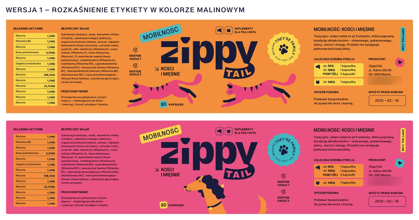 Etykieta w wersji pomarańczowej i malinowej, jedna pod drugą