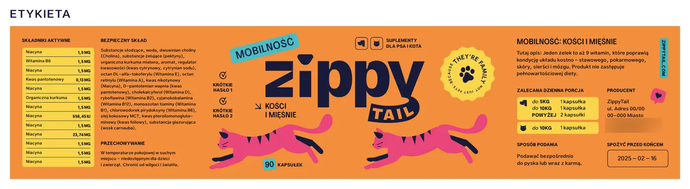 Pierwszy projekt etykiety Zippy Tail na pomarańczowym tle