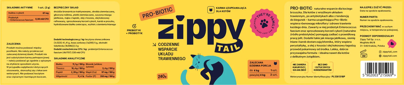 Rozłożona etykieta Pro-Biotic: skład z lewej, front z logo i ilustracją w środku, opis i dawkowanie z prawej