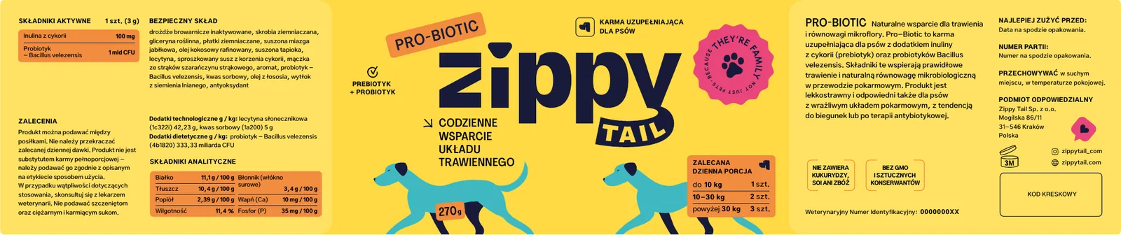 Rozłożona etykieta Pro-Biotic: skład z lewej, front z logo i ilustracją w środku, opis i dawkowanie z prawej