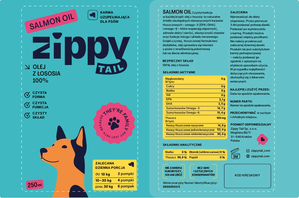 Rozłożona etykieta Salmon Oil: skład z lewej, front z logo i ilustracją w środku, opis i dawkowanie z prawej