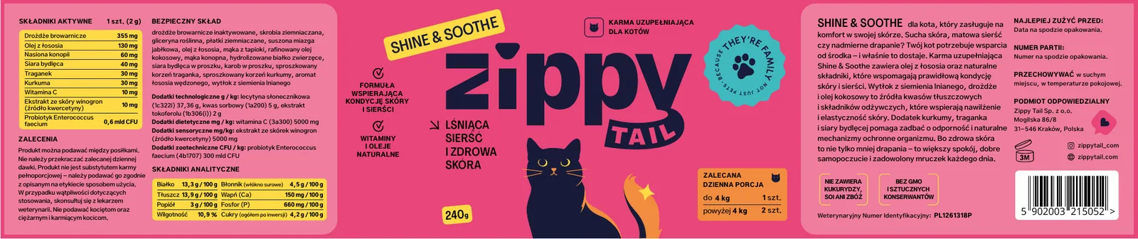 Rozłożona etykieta Shine & Soothe: skład z lewej, front z logo i ilustracją w środku, opis i dawkowanie z prawej