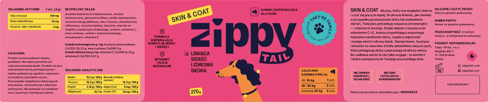 Rozłożona etykieta Skin & Coat: skład z lewej, front z logo i ilustracją w środku, opis i dawkowanie z prawej