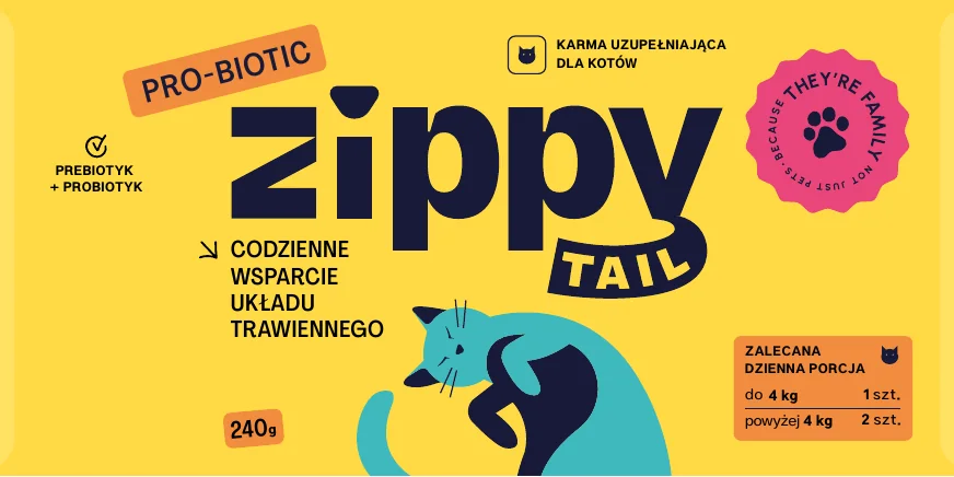 Przód etykiety Zippy Tail Pro-Biotic, 240 g.