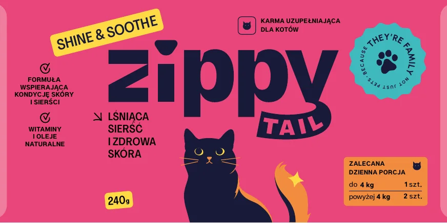 Przód etykiety Zippy Tail Shine & Soothe, 240 g.