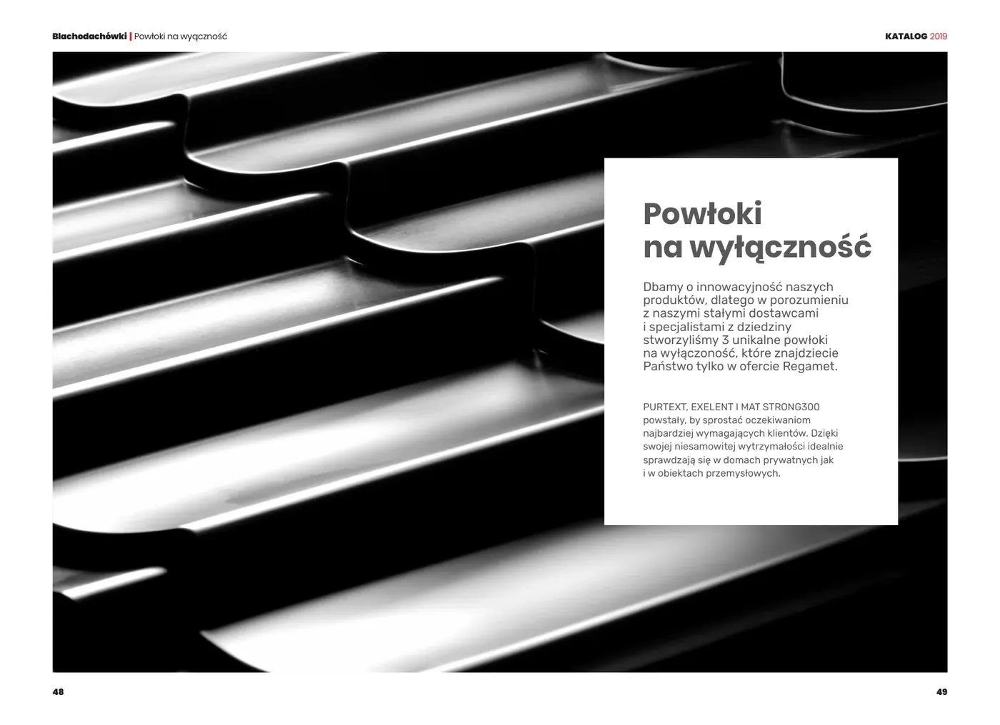 Strona katalogu „Powłoki na wyłączność” z czarno-białym zdjęciem blachy