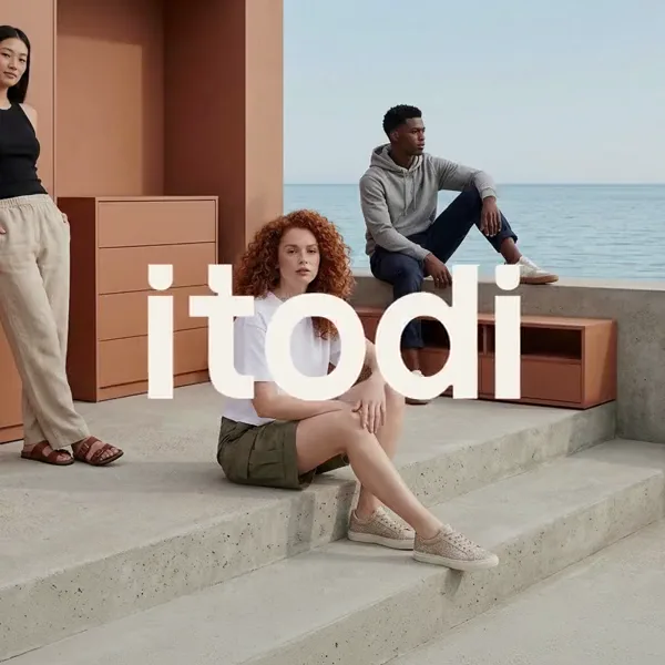 Logo Itodi z wydłużonym „o” na zdjęciu ludzi odpoczywających przy szafkach.