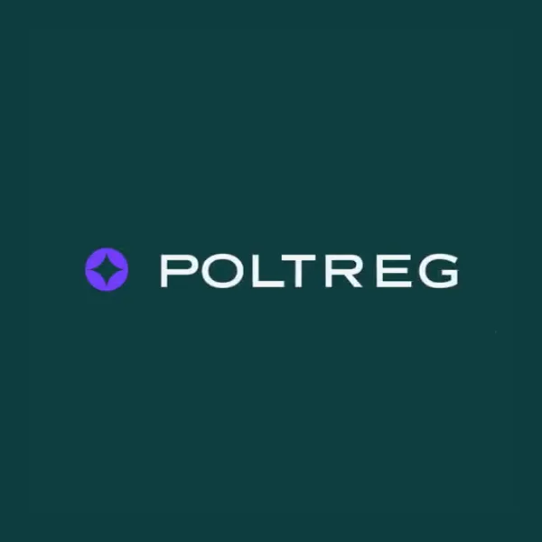 Logo PolTREG: fioletowy sygnet z błyskiem i napis na ciemnozielonym tle.
