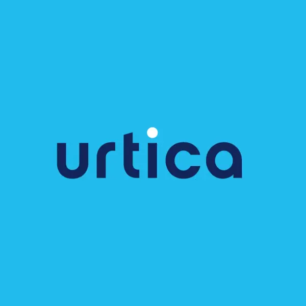 Logo Urtica: granatowy napis z kropką nad „i” na błękitnym tle.